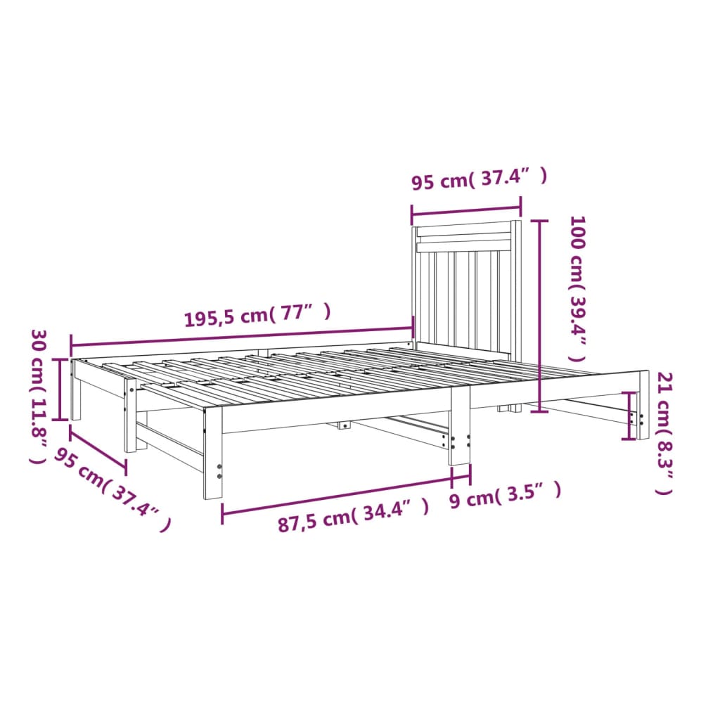 Canapé-lit extensible en pin massif 2x (90x190) cm