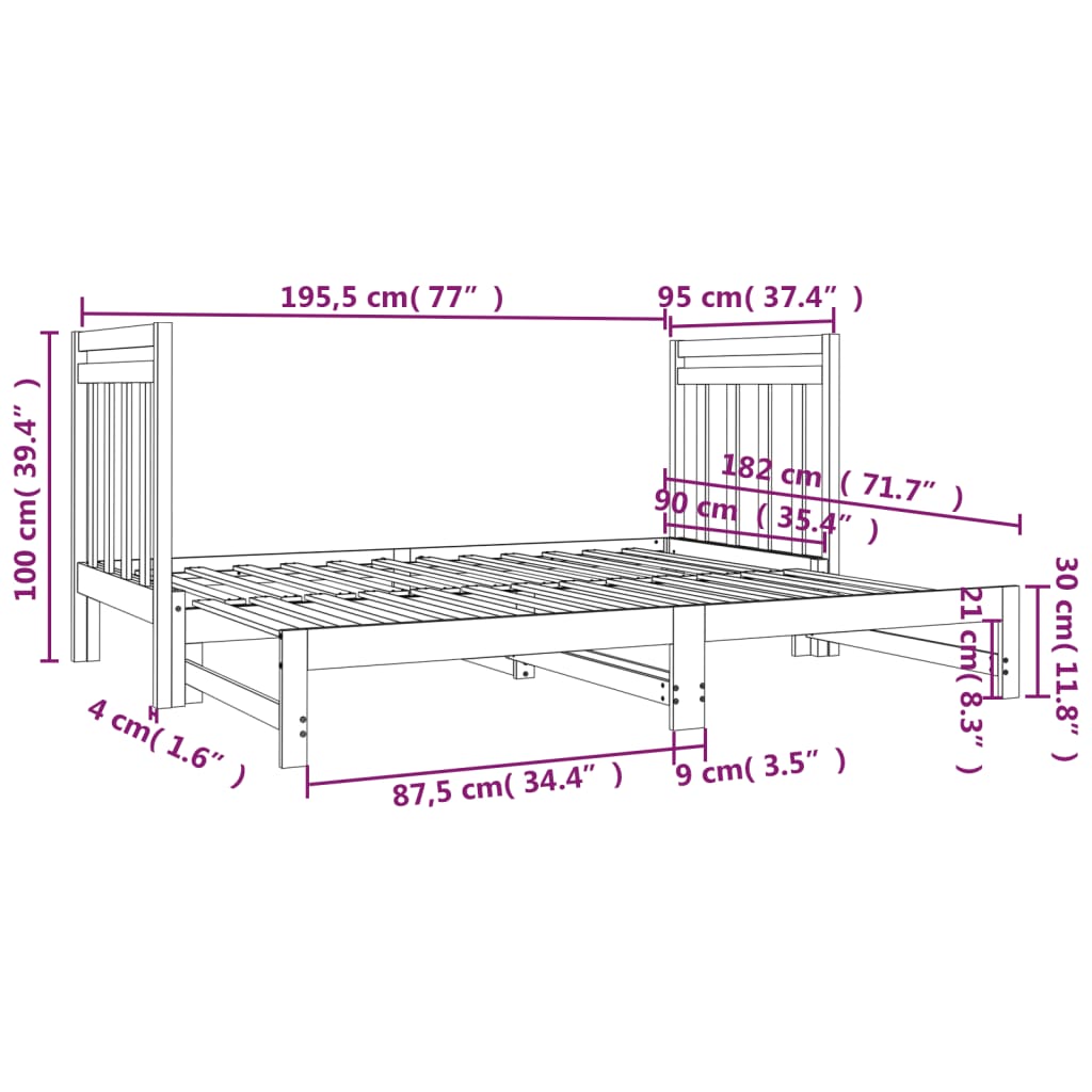 Canapé-lit extensible en pin massif 2x (90x190) cm