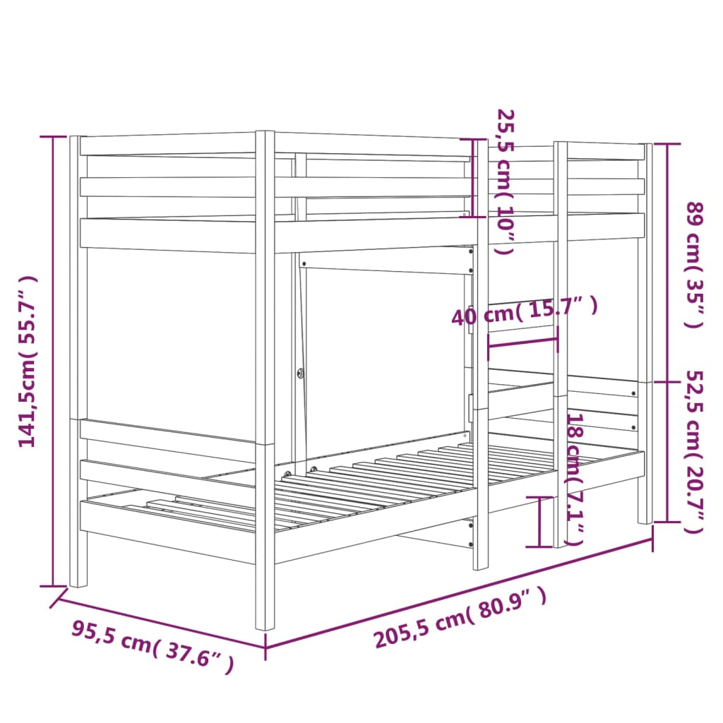 Stapelbed massief grenenhout 75x190 cm