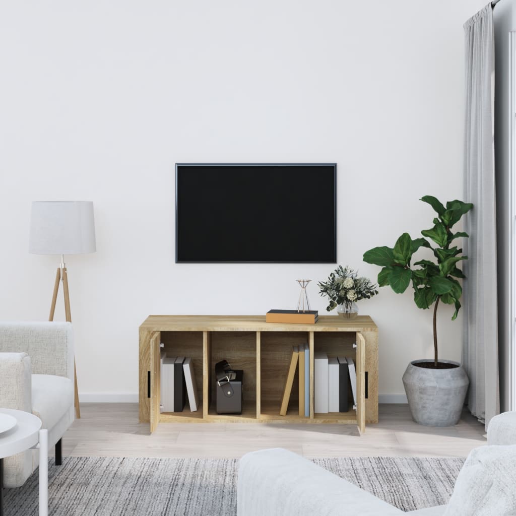 Meuble TV 100x35x40 cm ouvré en bois couleur chêne