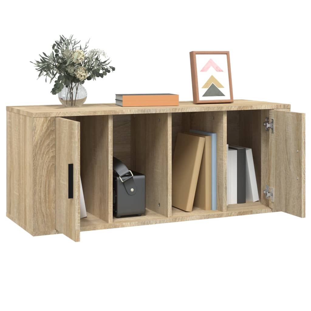 Meuble TV 100x35x40 cm ouvré en bois couleur chêne