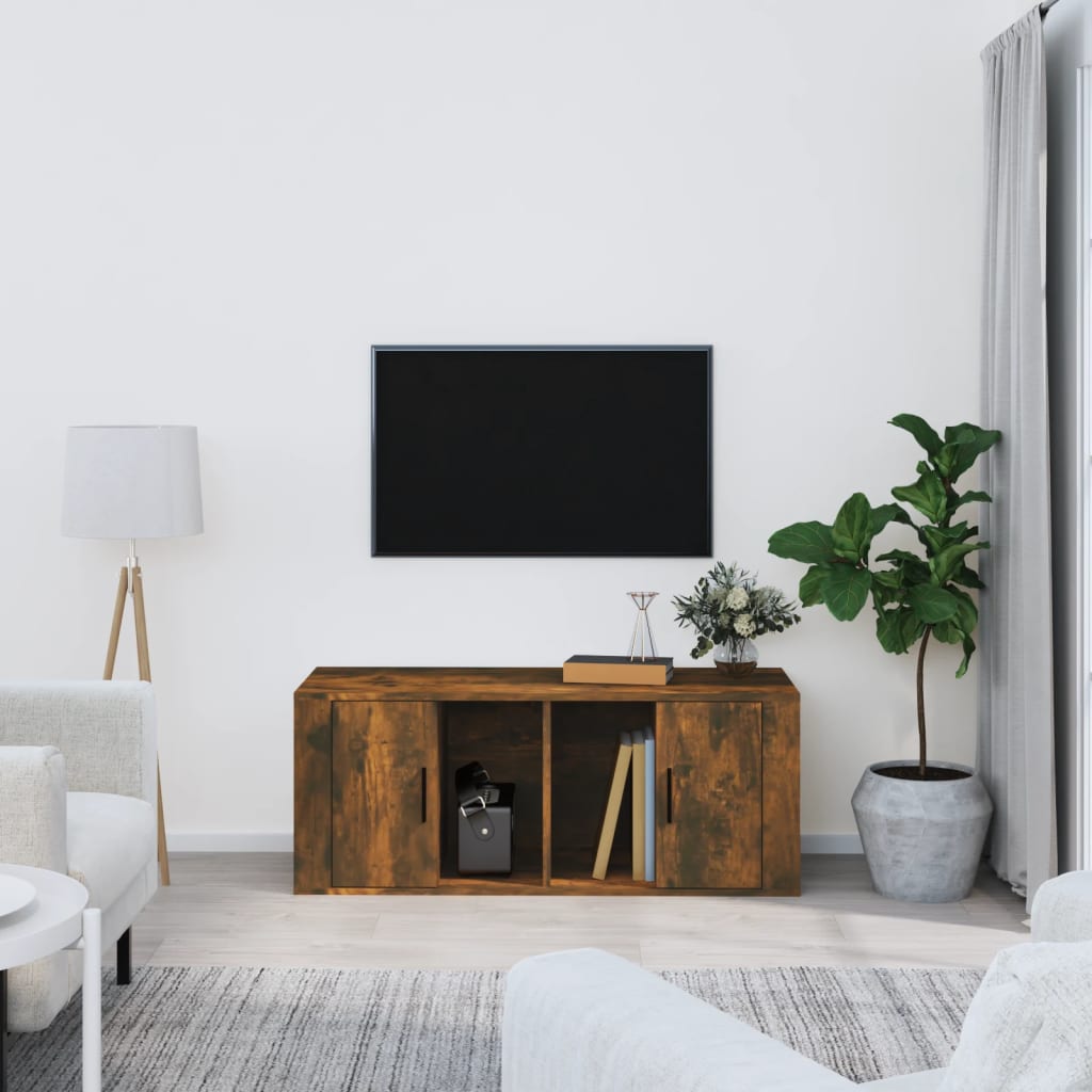 Meuble TV 100x35x40 cm ouvré en bois couleur chêne