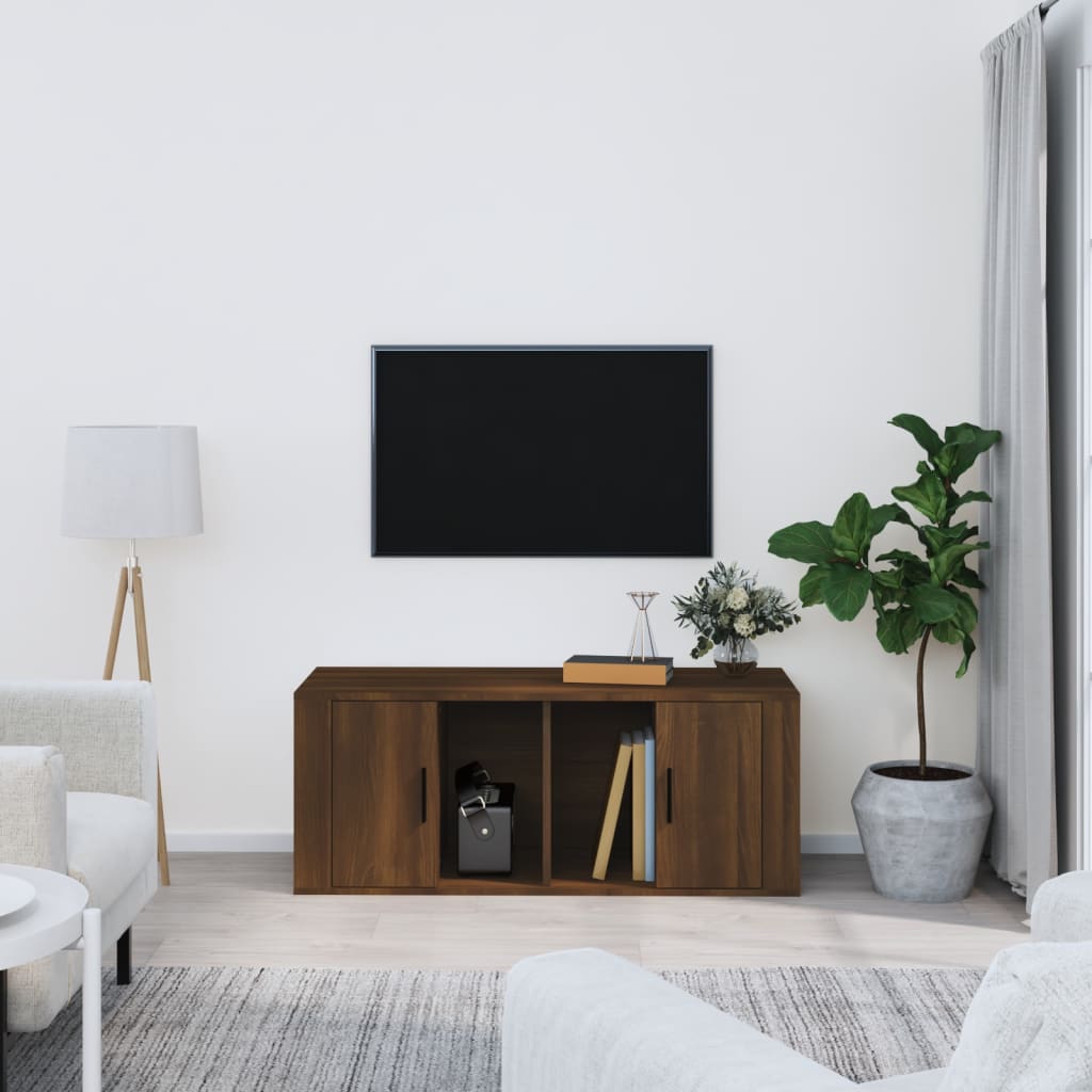 Meuble TV 100x35x40 cm ouvré en bois couleur chêne