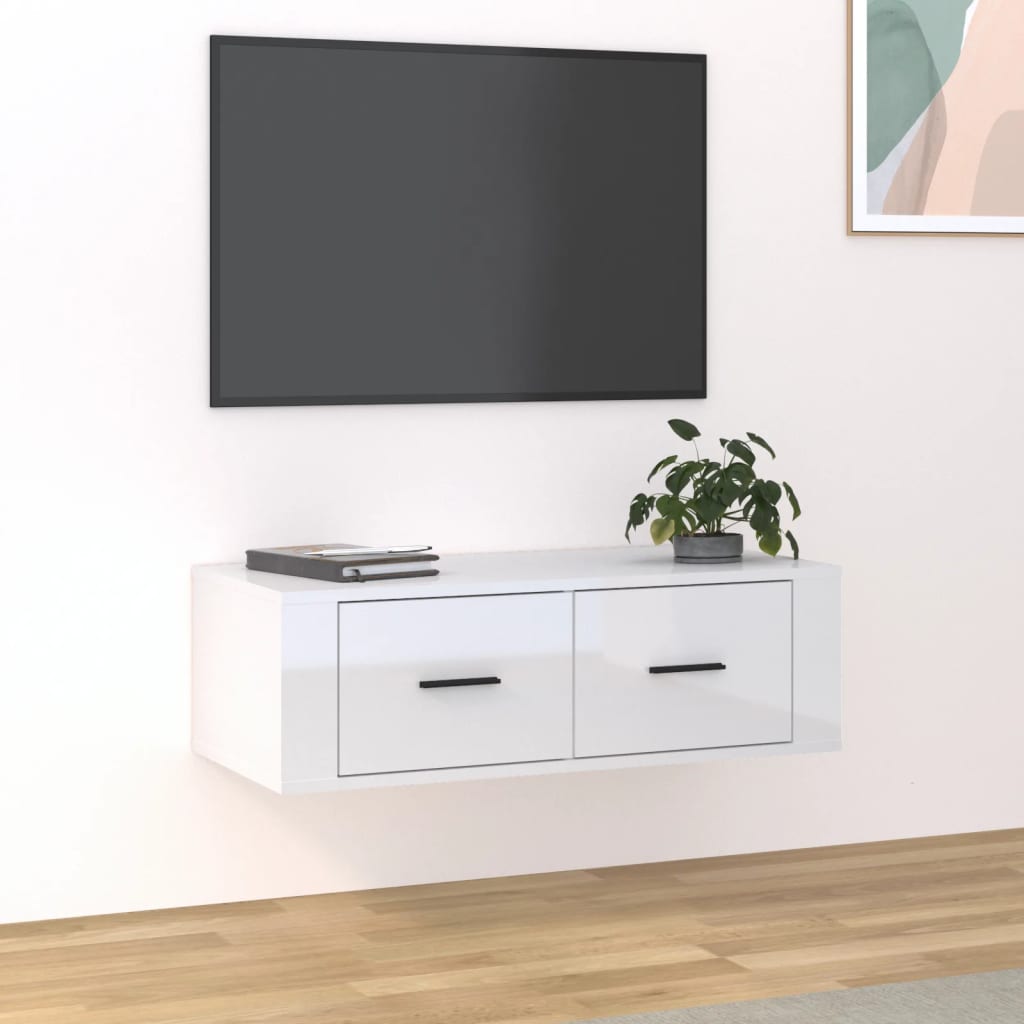 Meuble TV suspendu 80x36x25 cm en bois travaillé