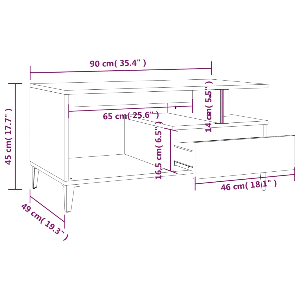 Table basse 90x49x45 cm en dérivé du bois couleur chêne