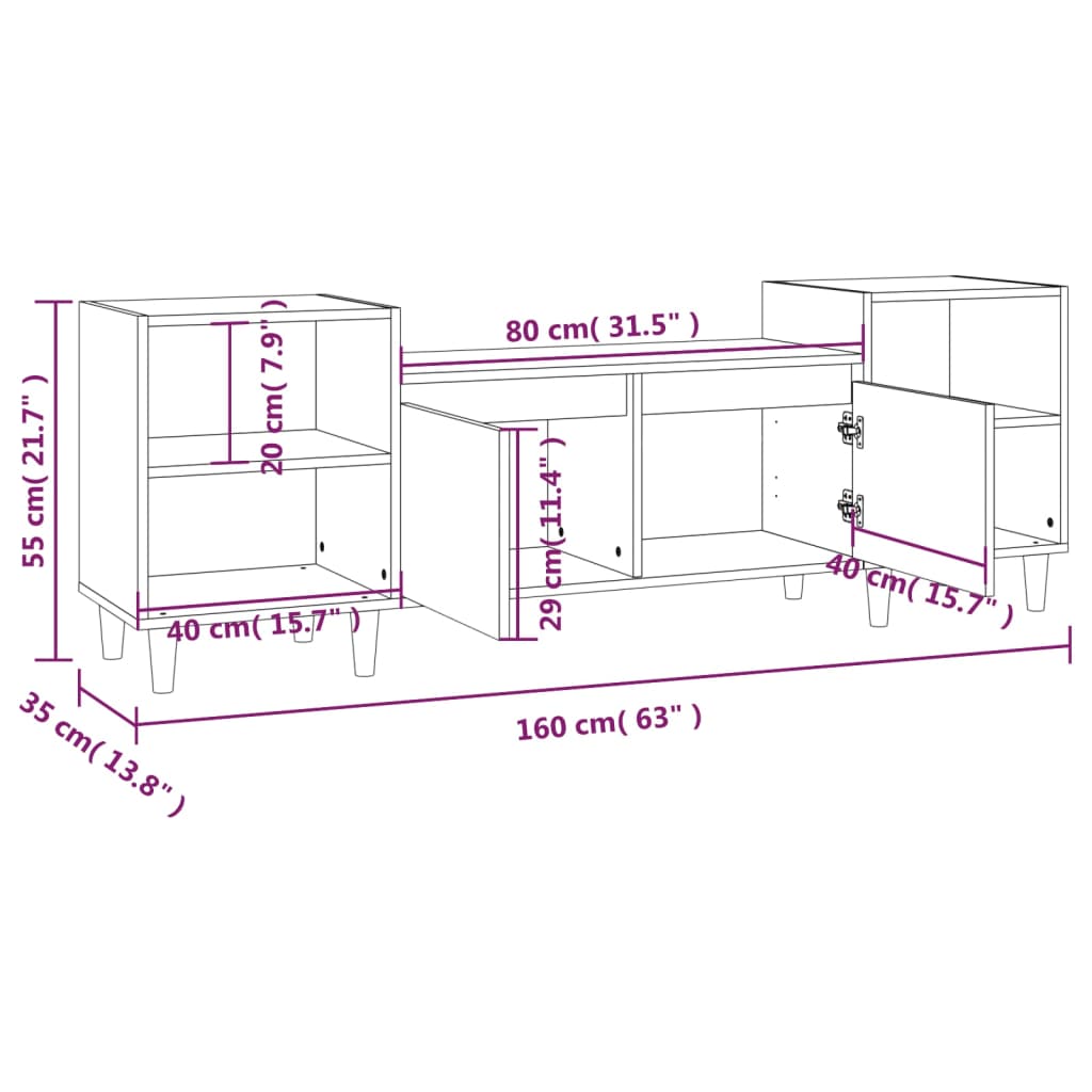 Meuble TV 160x35x55 cm ouvré en bois couleur chêne