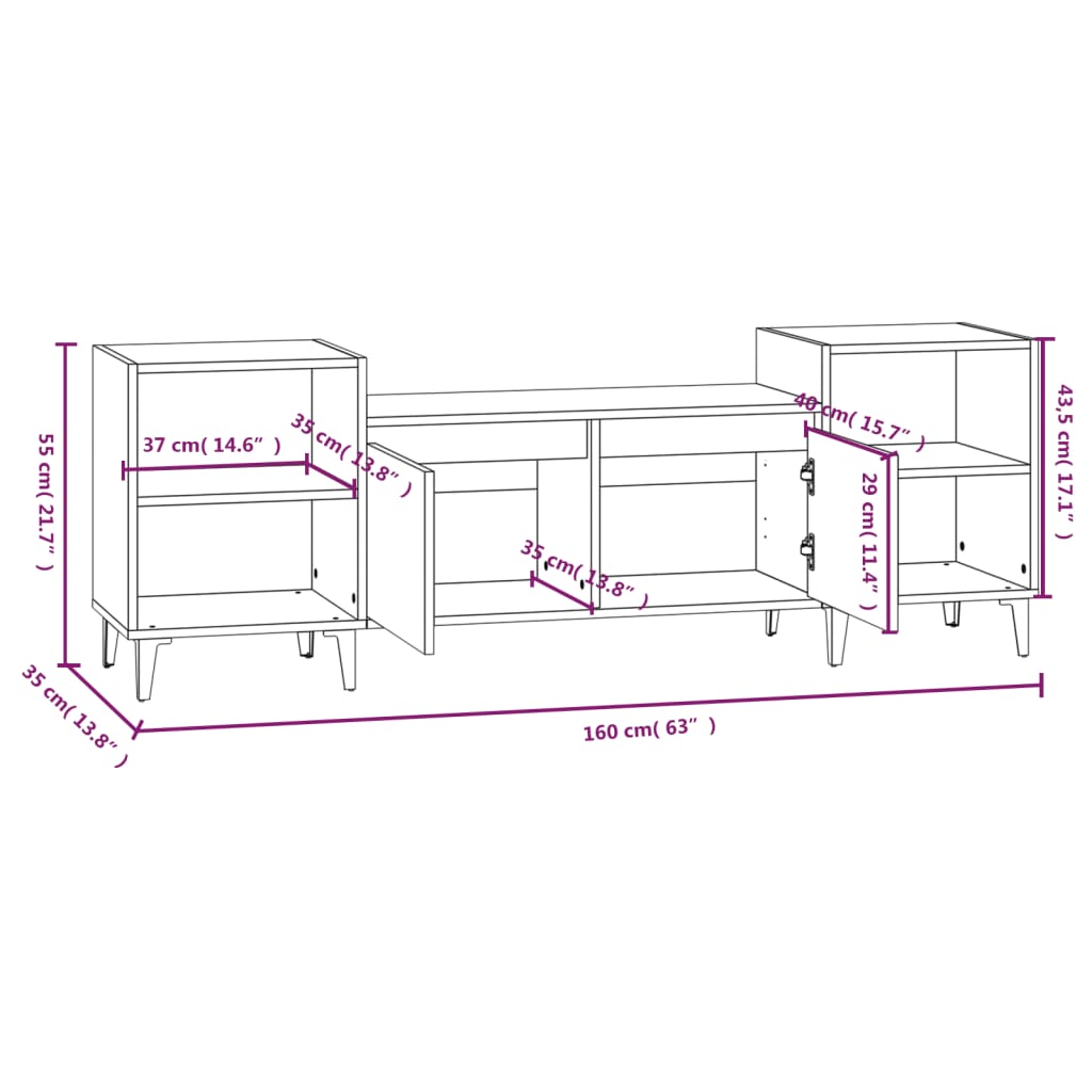 Meuble TV 160x35x55 cm en bois travaillé