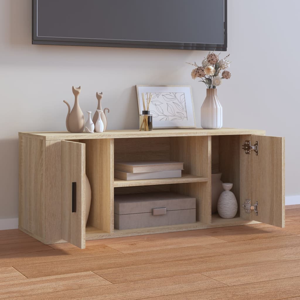 Meuble TV 100x35x40 cm ouvré en bois couleur chêne