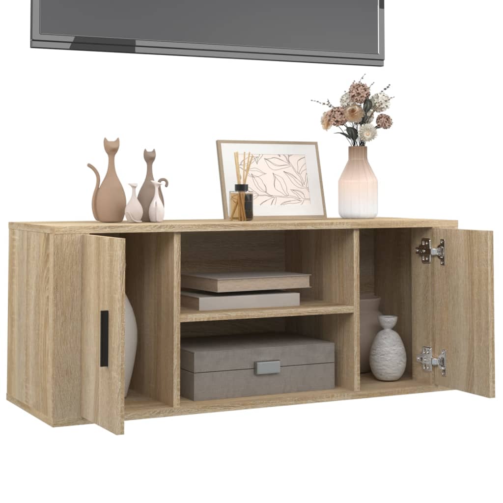 Meuble TV 100x35x40 cm ouvré en bois couleur chêne