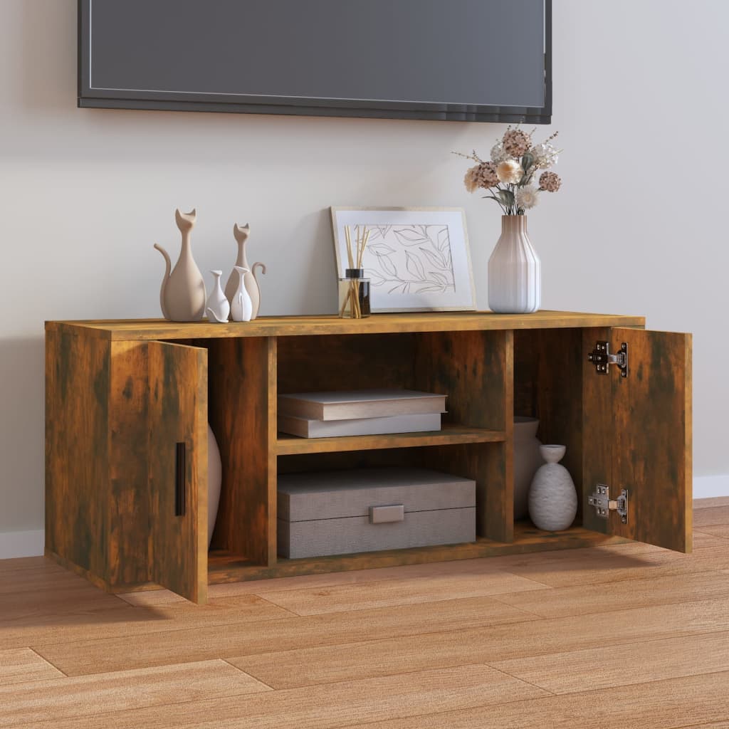 Meuble TV 100x35x40 cm ouvré en bois couleur chêne