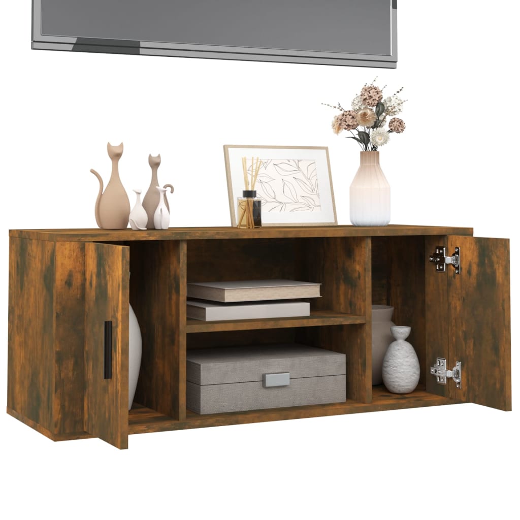 Meuble TV 100x35x40 cm ouvré en bois couleur chêne