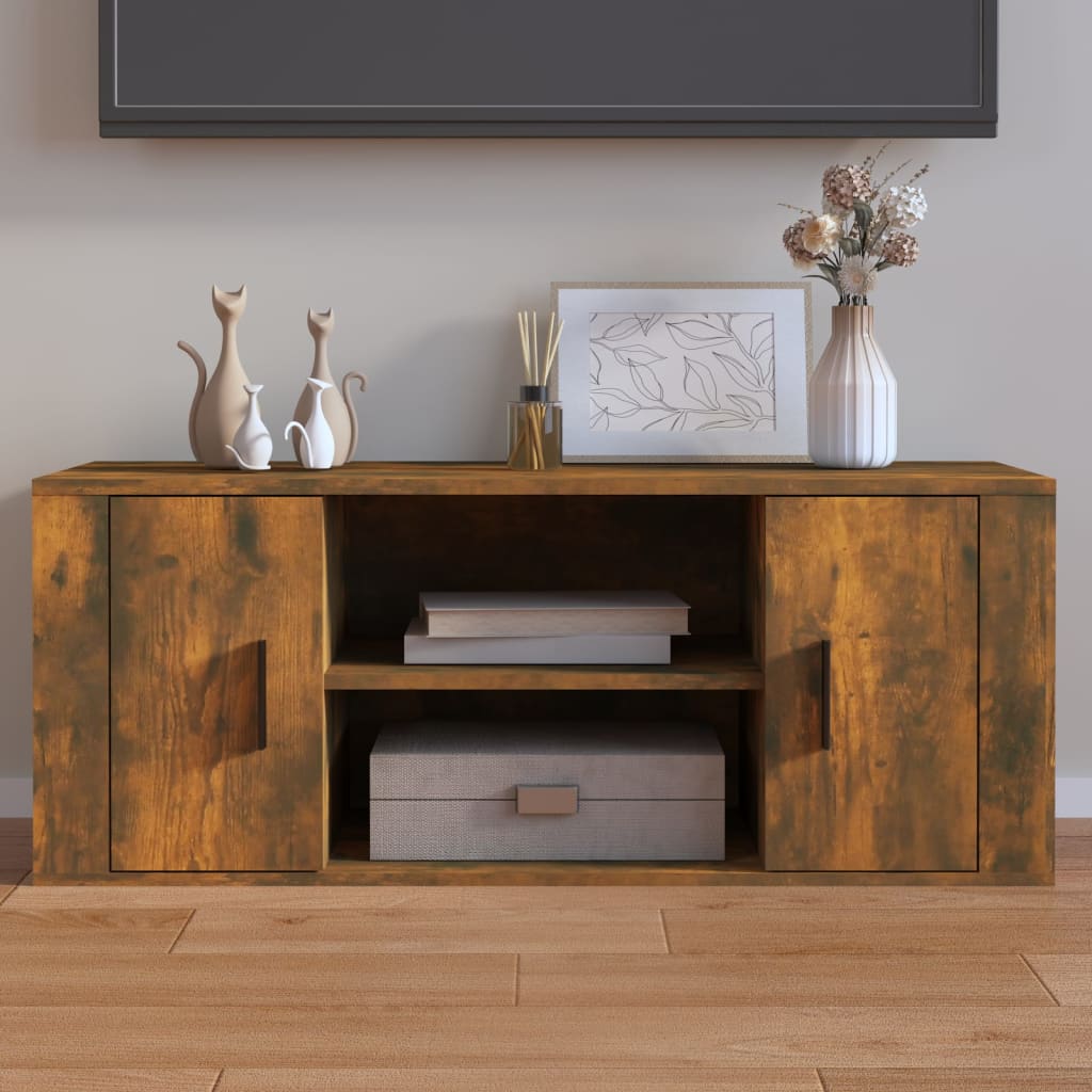 Meuble TV 100x35x40 cm ouvré en bois couleur chêne