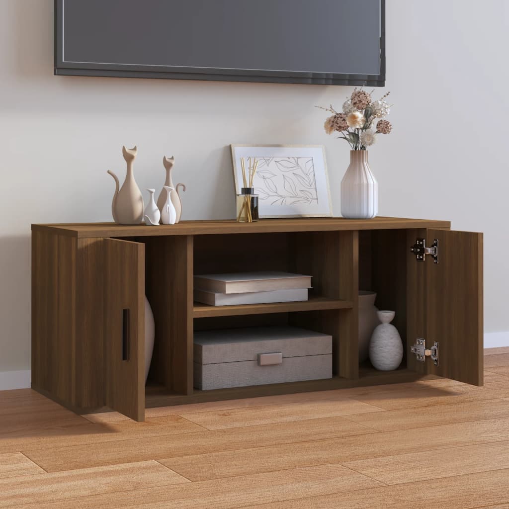 Meuble TV 100x35x40 cm ouvré en bois couleur chêne