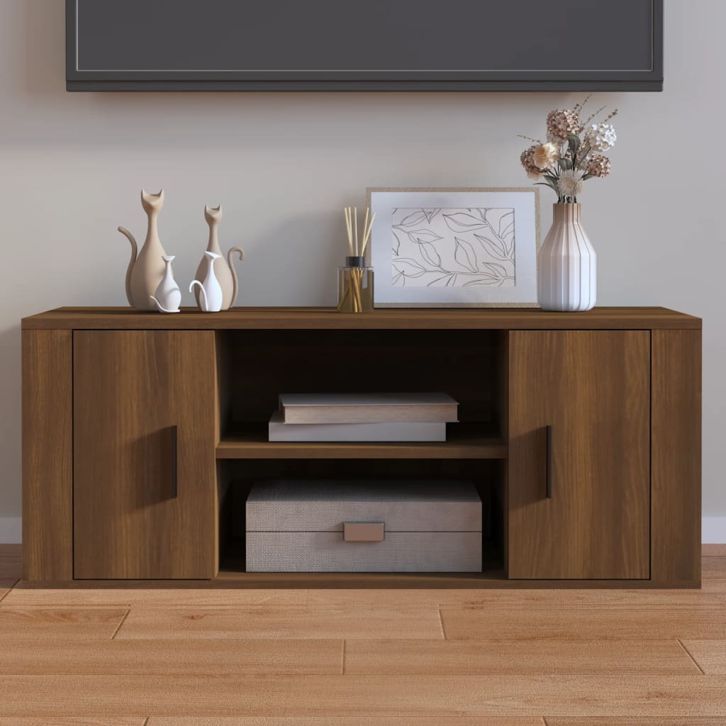 Meuble TV 100x35x40 cm ouvré en bois couleur chêne