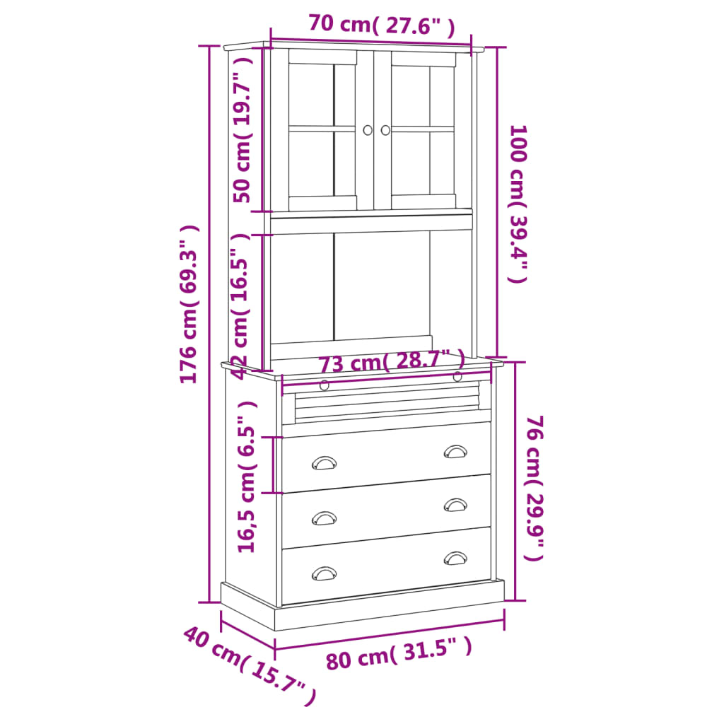 Hoge kast VIGO 78x40x175 cm massief grenenhout