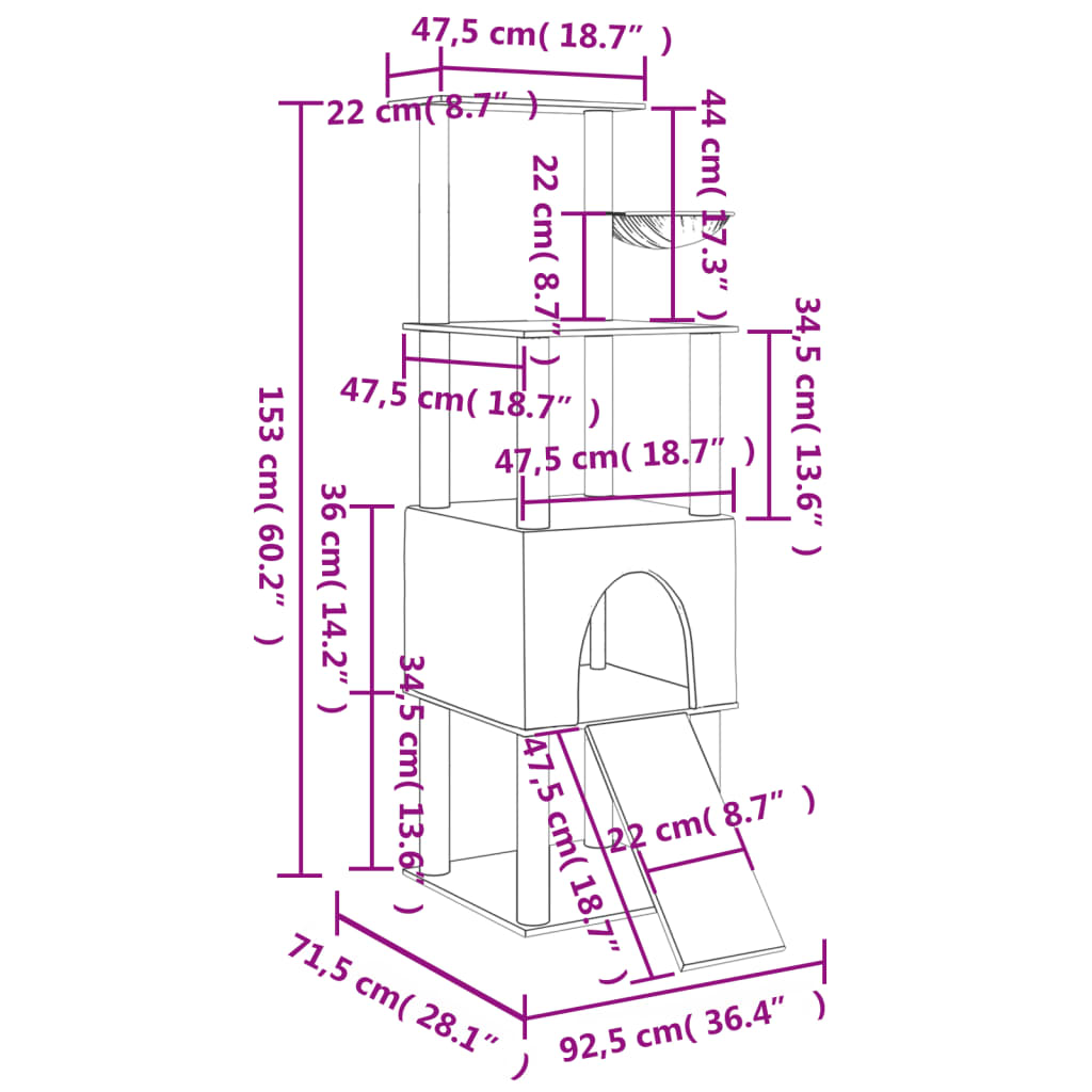 Kattenmeubel met sisal krabpalen 153 cm crèmekleurig