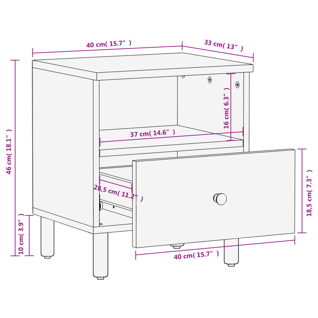 Table de chevet 40x33x46 cm en bois de manguier massif