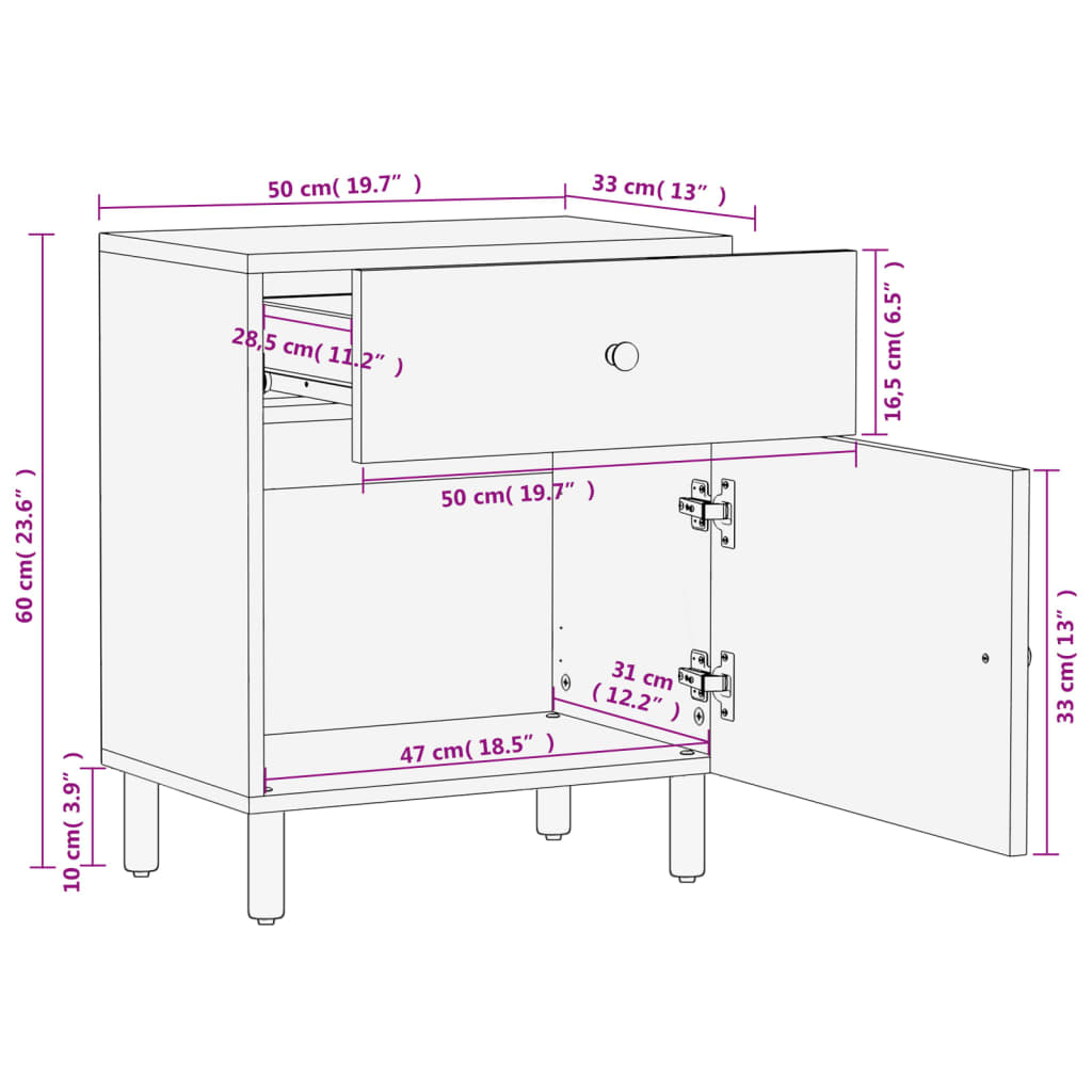 Table de chevet 50x33x60 cm en bois de manguier massif