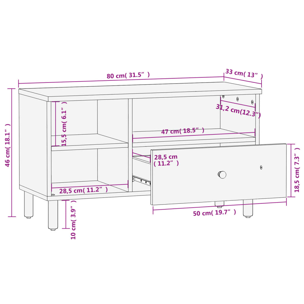 Meuble TV 80x33x46 cm en bois de manguier massif