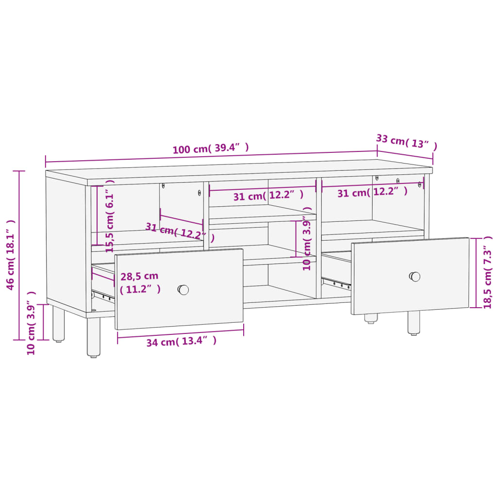 Meuble TV 100x33x46 cm en bois d'acacia massif