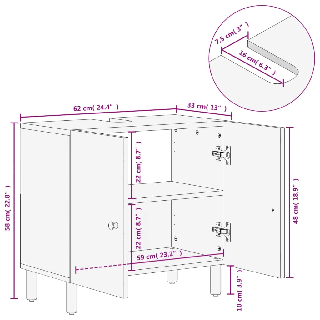 Meuble vasque 62x33x58 cm en manguier massif