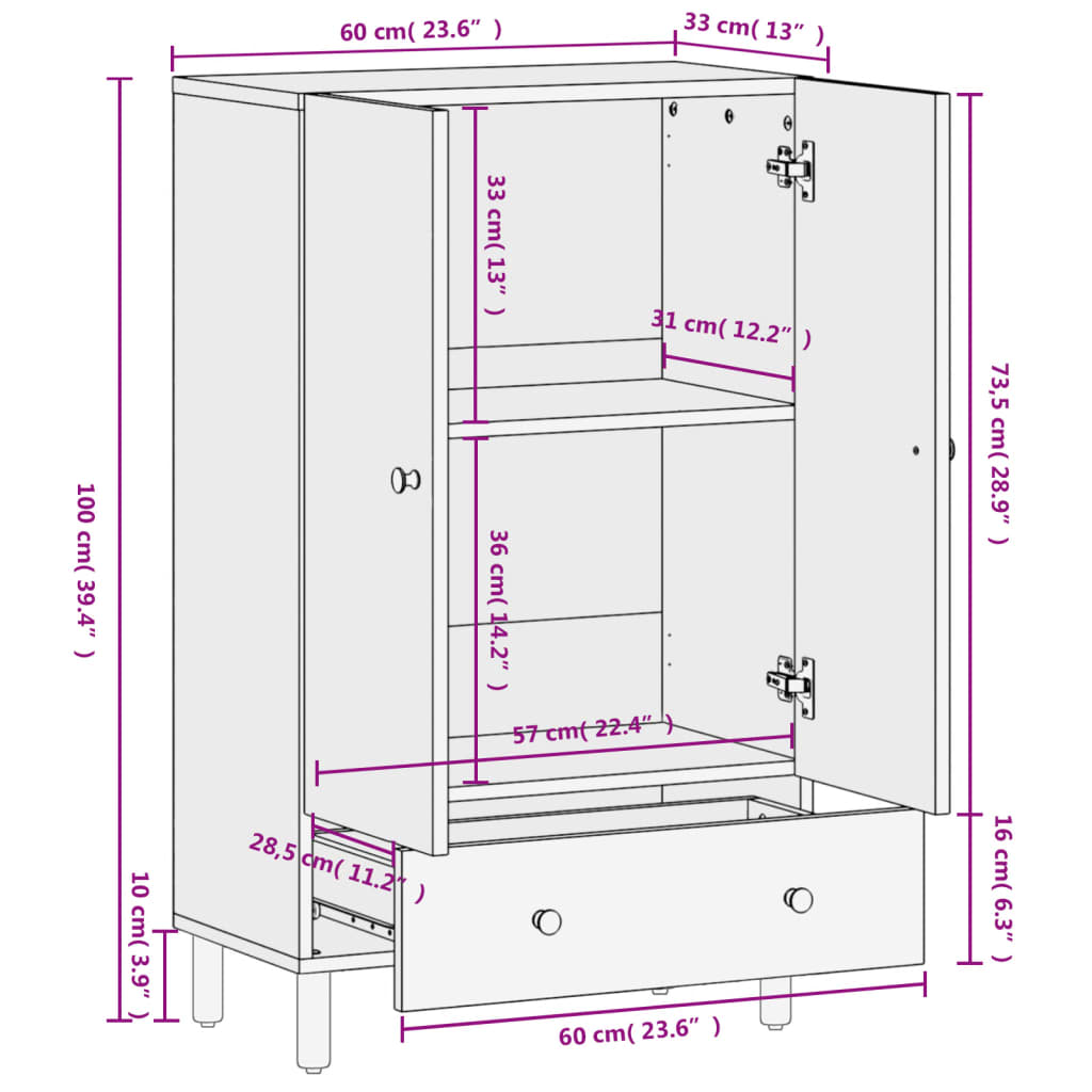 Hoge kast 60x33x100 cm massief mangohout