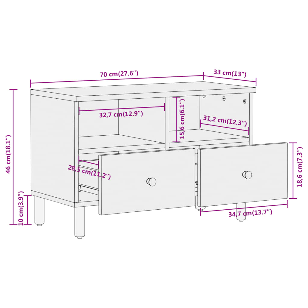 Meuble TV 70x33x46 cm en bois de manguier massif