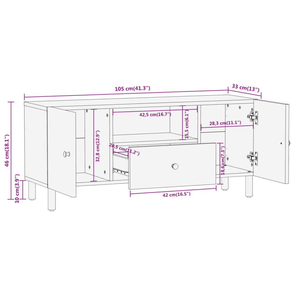 Meuble TV 105x33x46cm bois de manguier massif