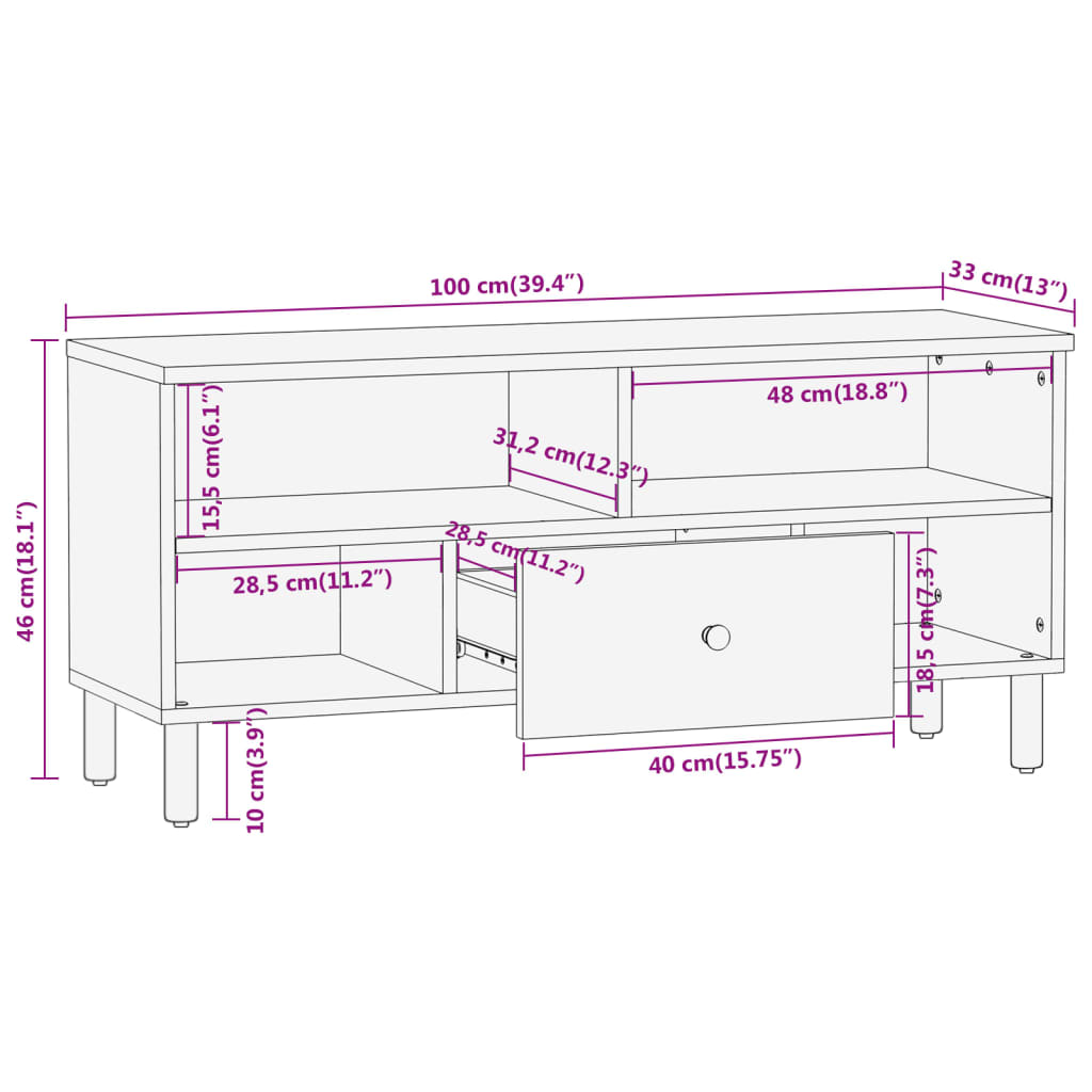 Meuble TV 100x33x46 cm en bois de manguier massif