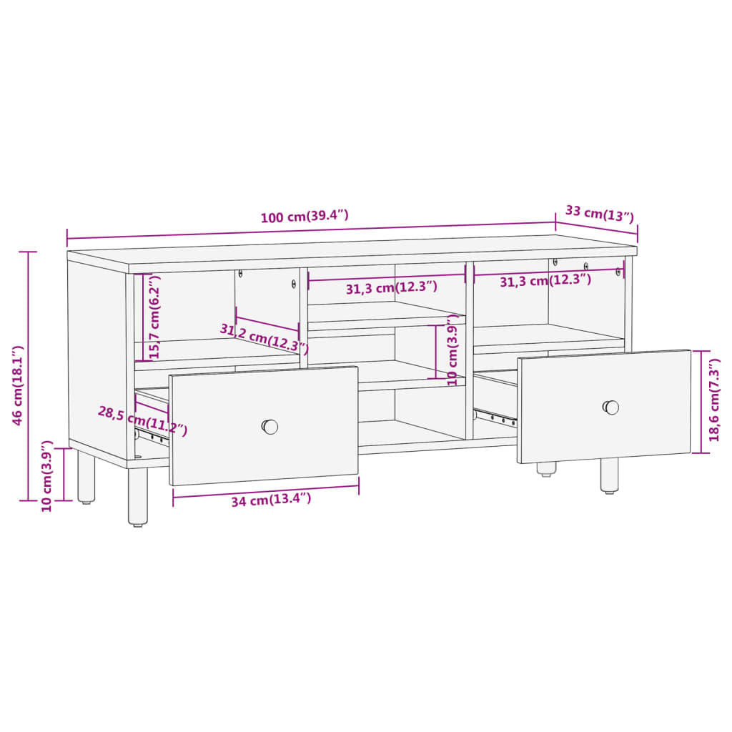 Meuble TV 100x33x46 cm en bois d'acacia massif