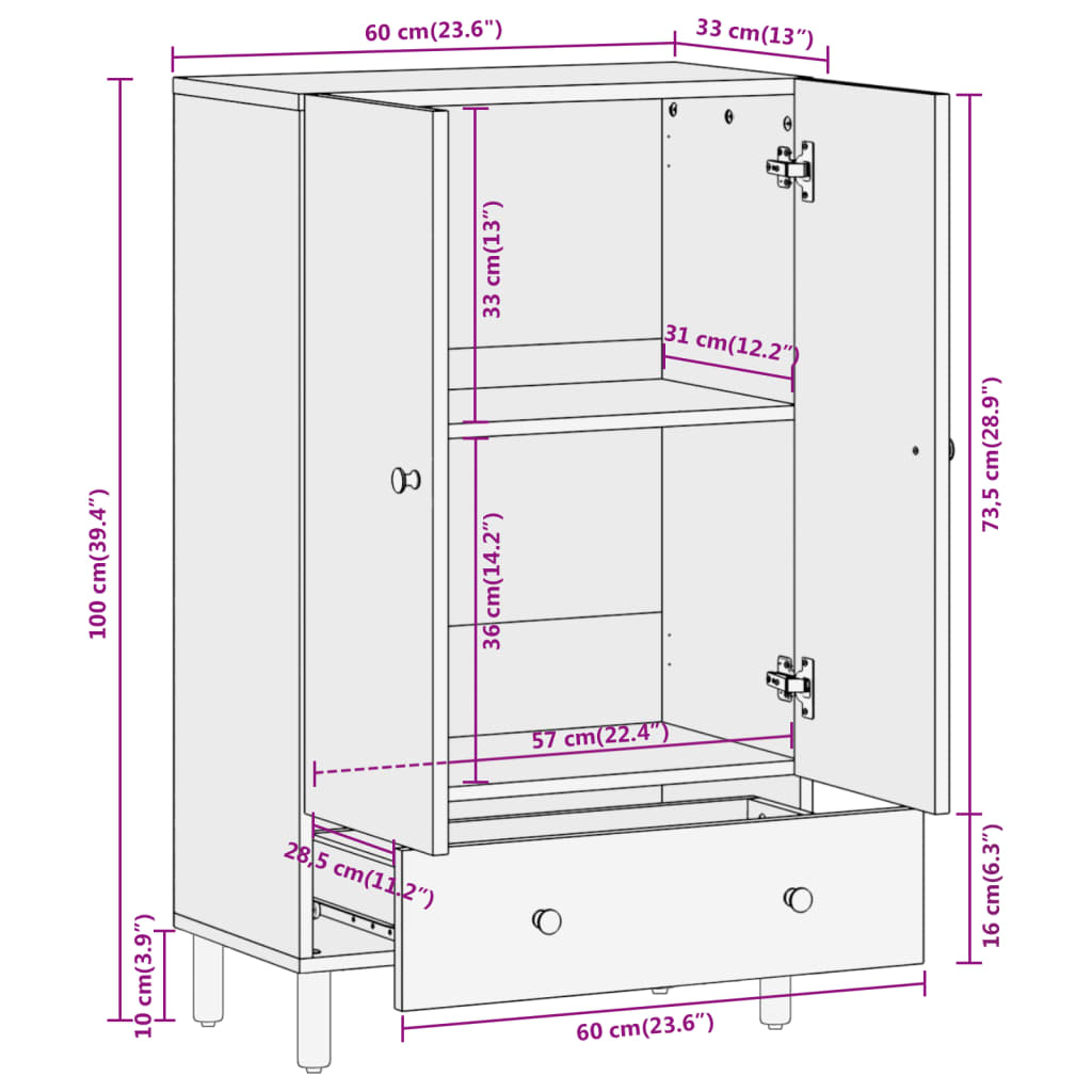 Hoge kast 60x33x100 cm massief mangohout