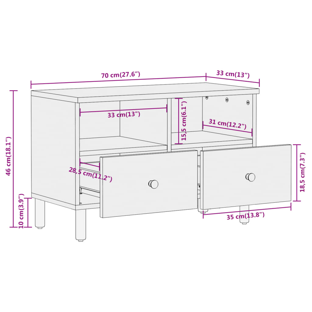 Meuble TV 70x33x46 cm en bois de manguier massif