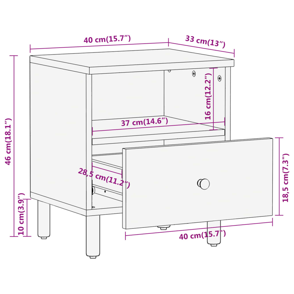 Table de chevet 40x33x46 cm en bois de manguier massif