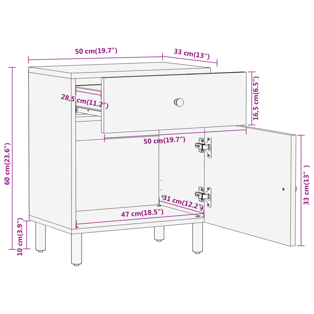 Table de chevet 50x33x60 cm en bois de manguier massif