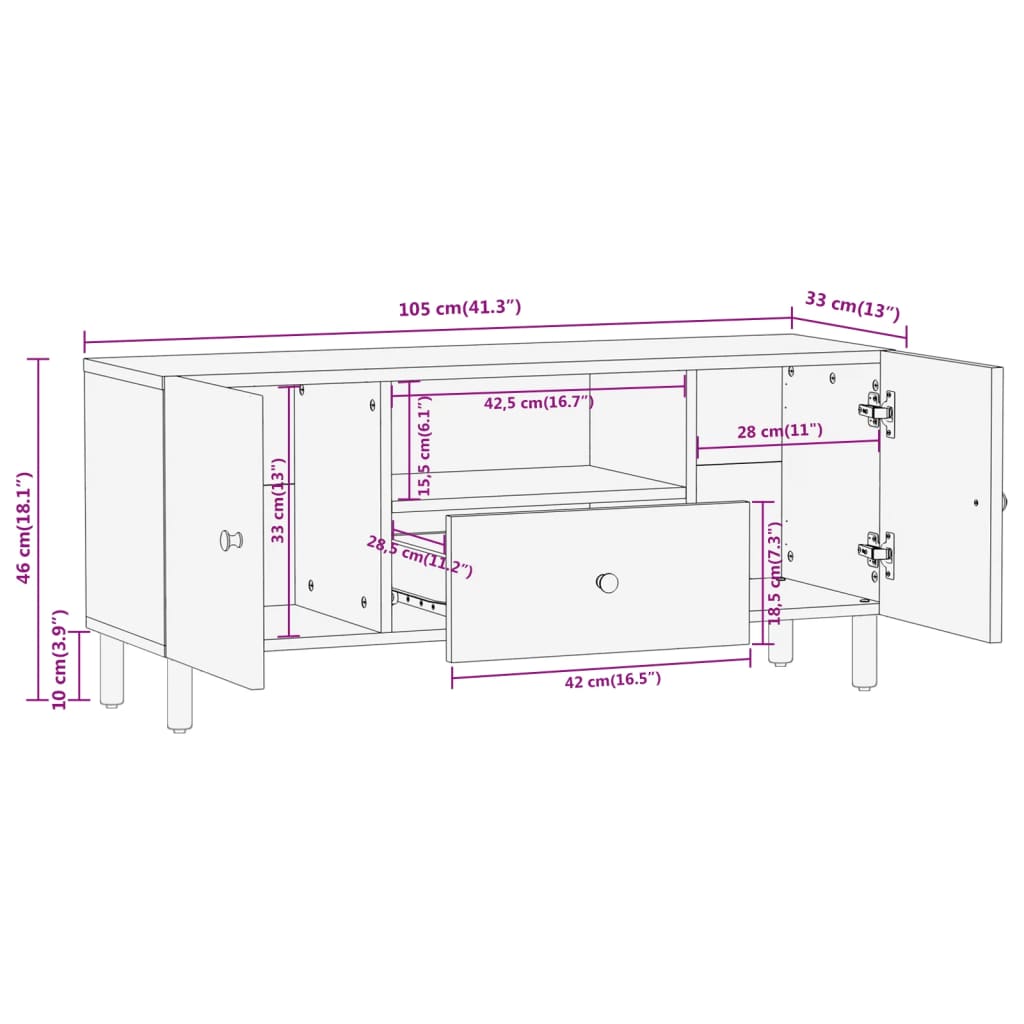 Tv-meubel 105x33x46cm massief mangohout