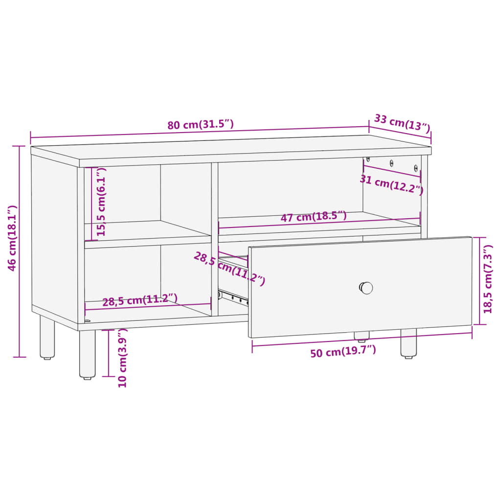 Meuble TV 80x33x46 cm en bois de manguier massif