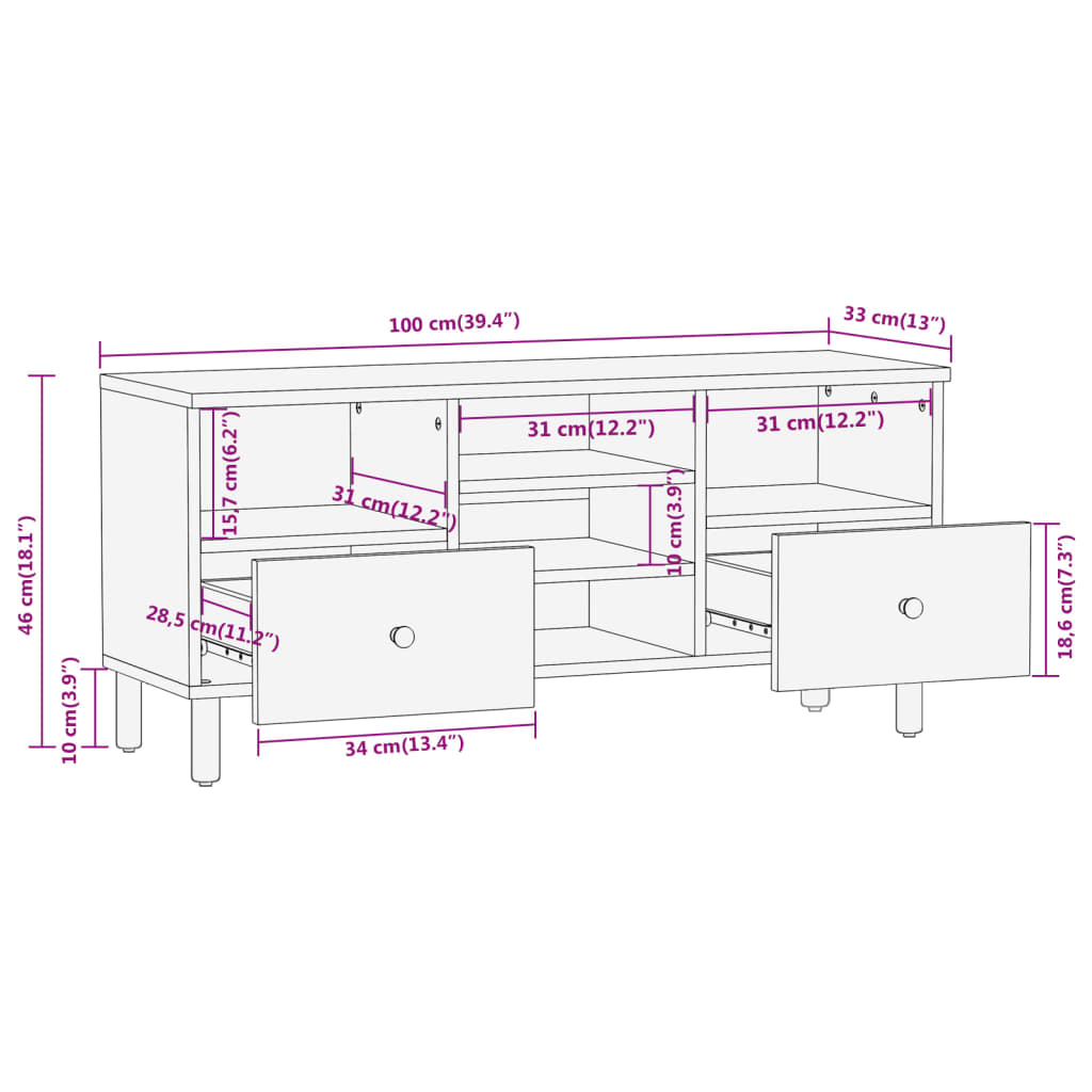 Meuble TV 100x33x46 cm en bois d'acacia massif