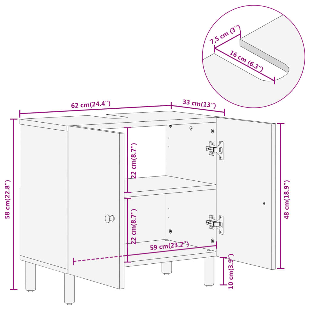 Meuble vasque 62x33x58 cm en manguier massif