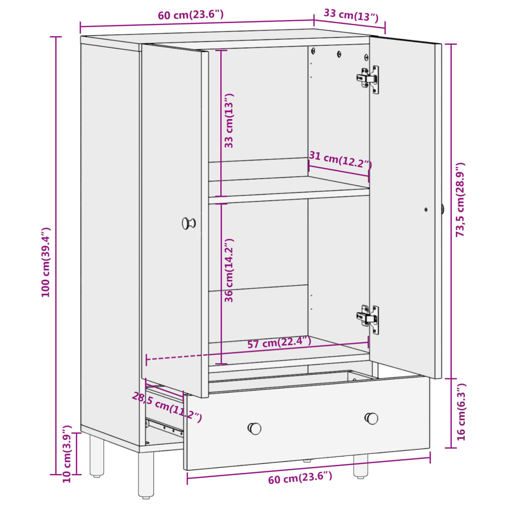 Hoge kast 60x33x100 cm massief mangohout