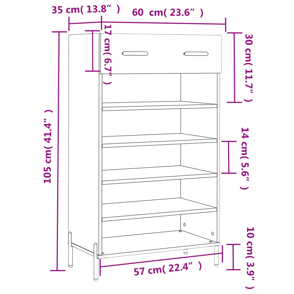 Schoenenkast 60x35x105 cm bewerkt hout bruin eikenkleur