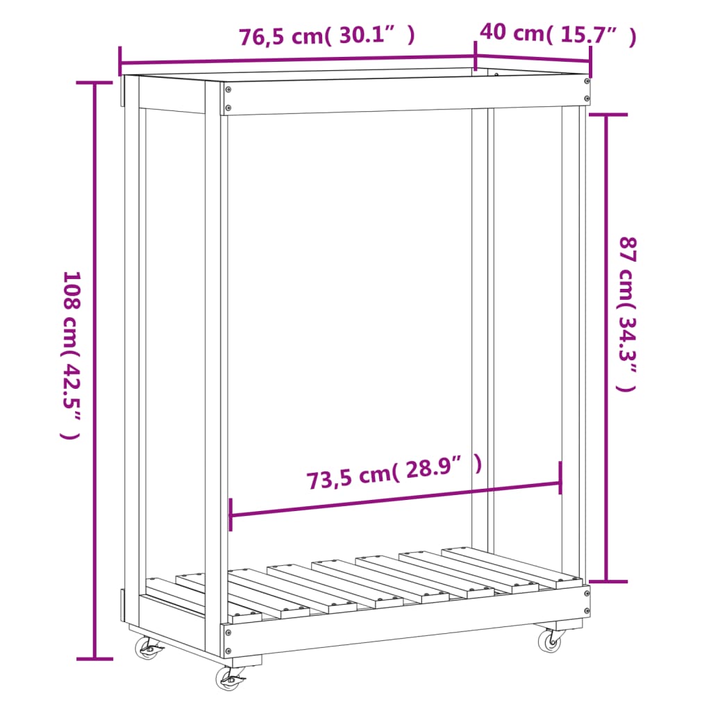 Houtblokhouder met wielen 76,5x40x108 cm massief grenenhout