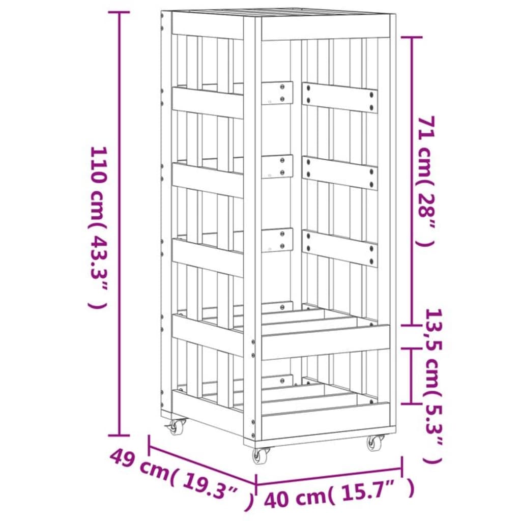 Houtblokhouder met wielen 40x49x110 cm massief grenenhout