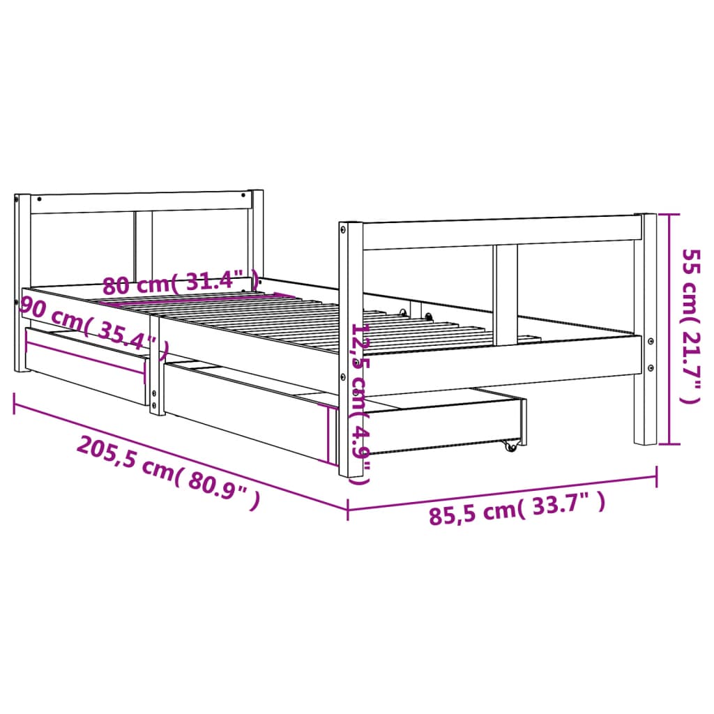 Kinderbedframe met lades 90x200 cm massief grenenhout