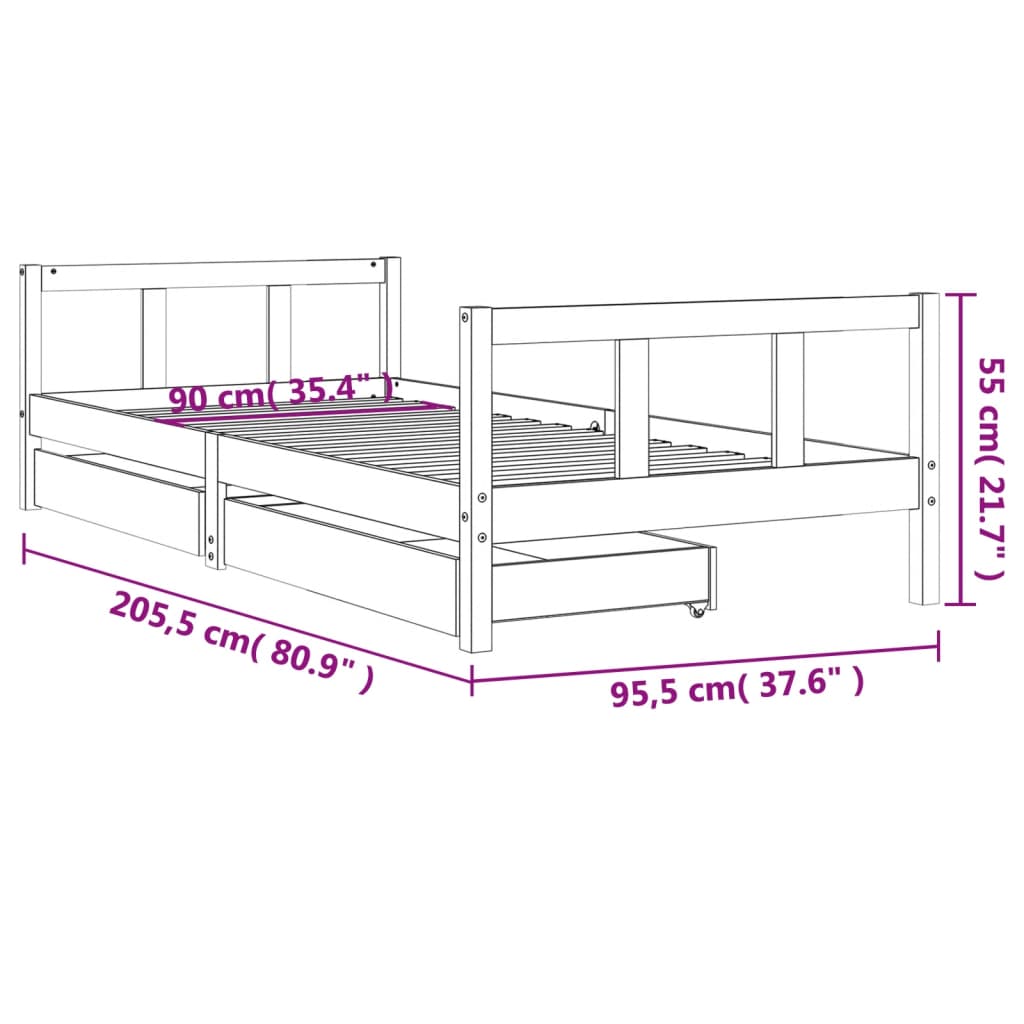 Kinderbedframe met lades 90x200 cm massief grenenhout