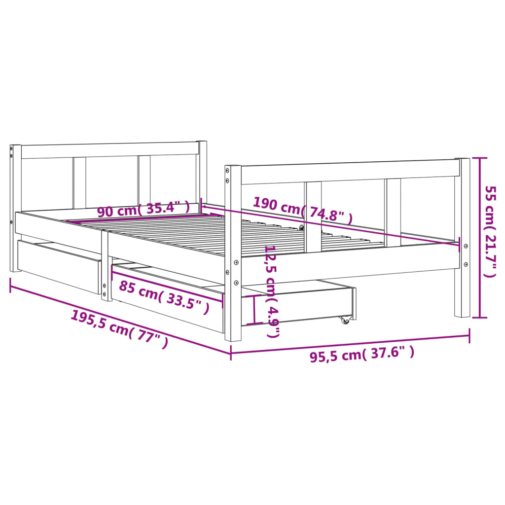 Kinderbedframe met lades 90x200 cm massief grenenhout