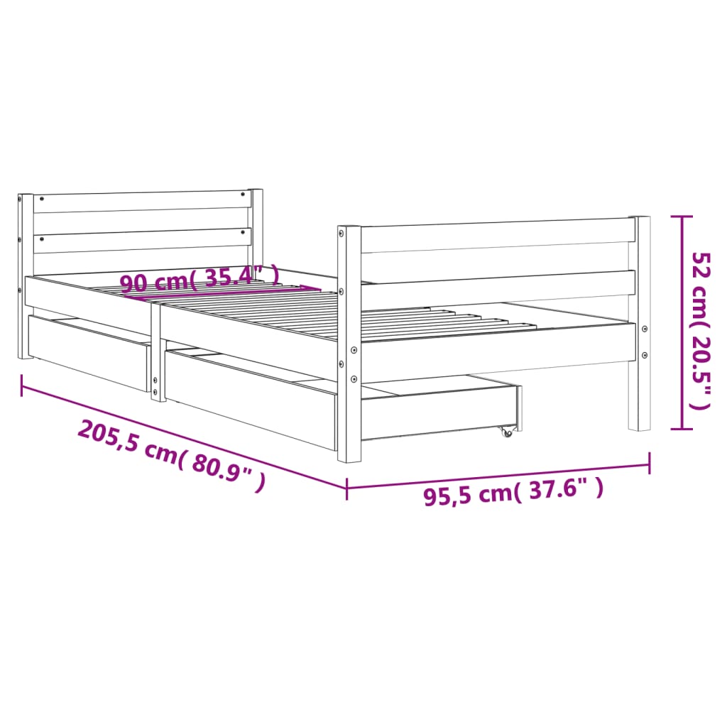 Kinderbedframe met lades 90x190 cm massief grenenhout