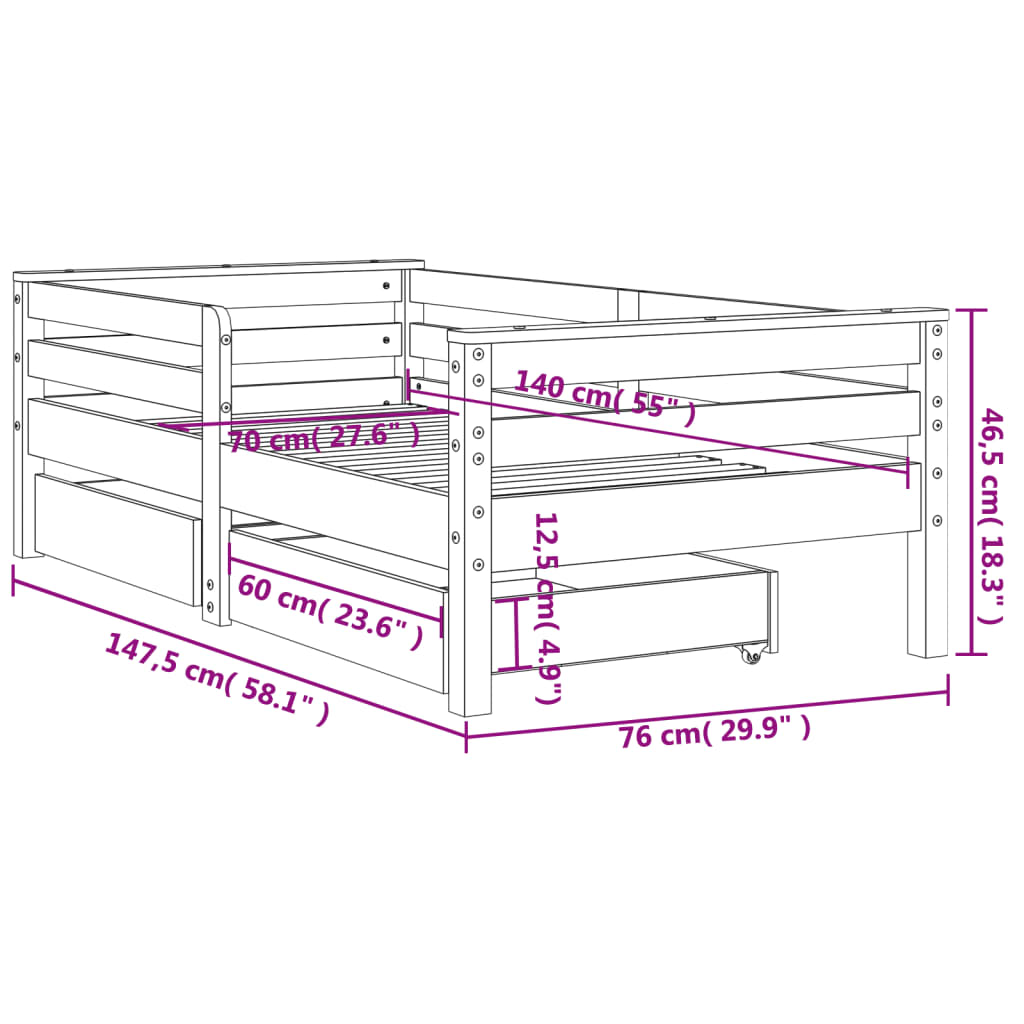 Kinderbedframe met lades 90x190 cm massief grenenhout