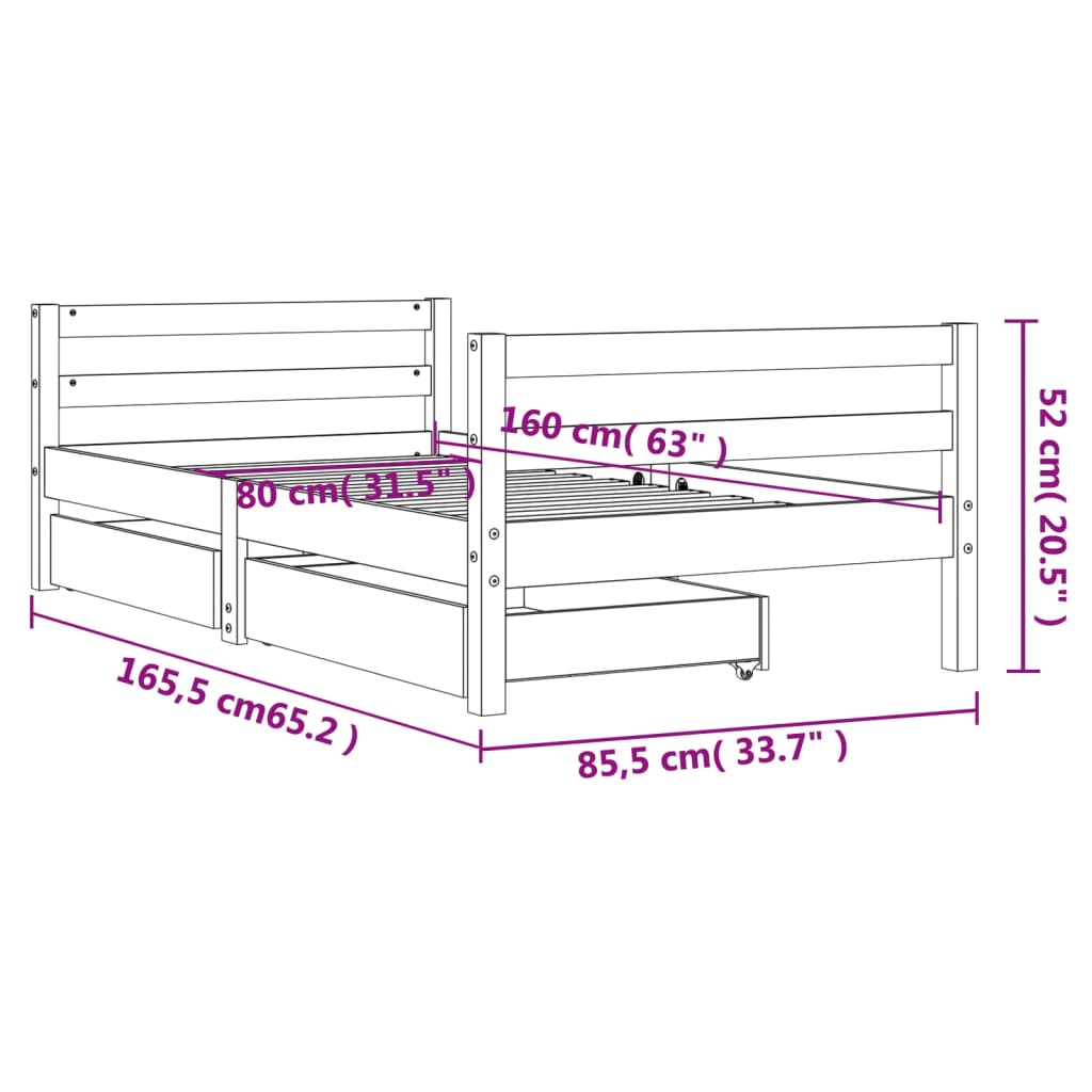 Kinderbedframe met lades 90x190 cm massief grenenhout