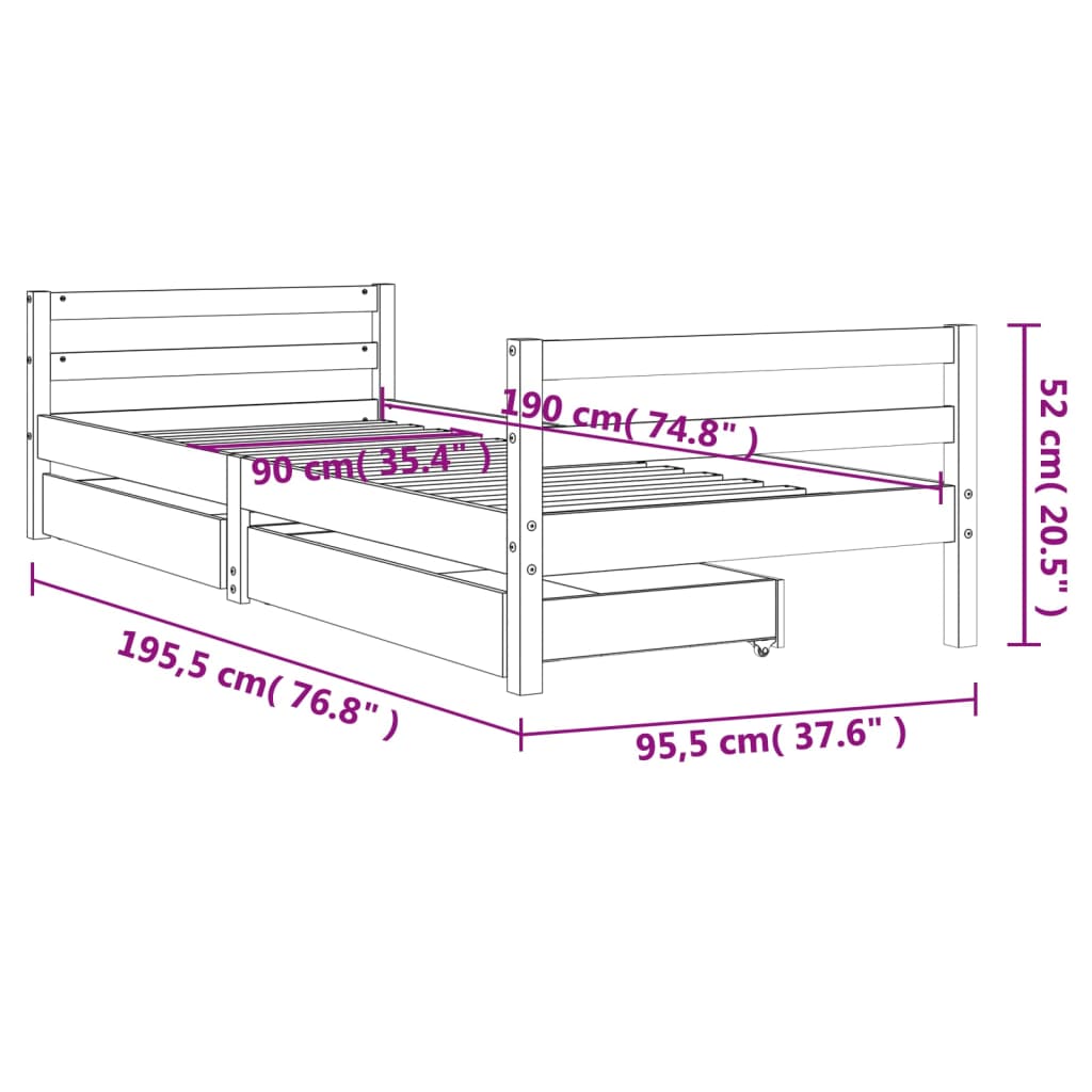 Kinderbedframe met lades 90x190 cm massief grenenhout