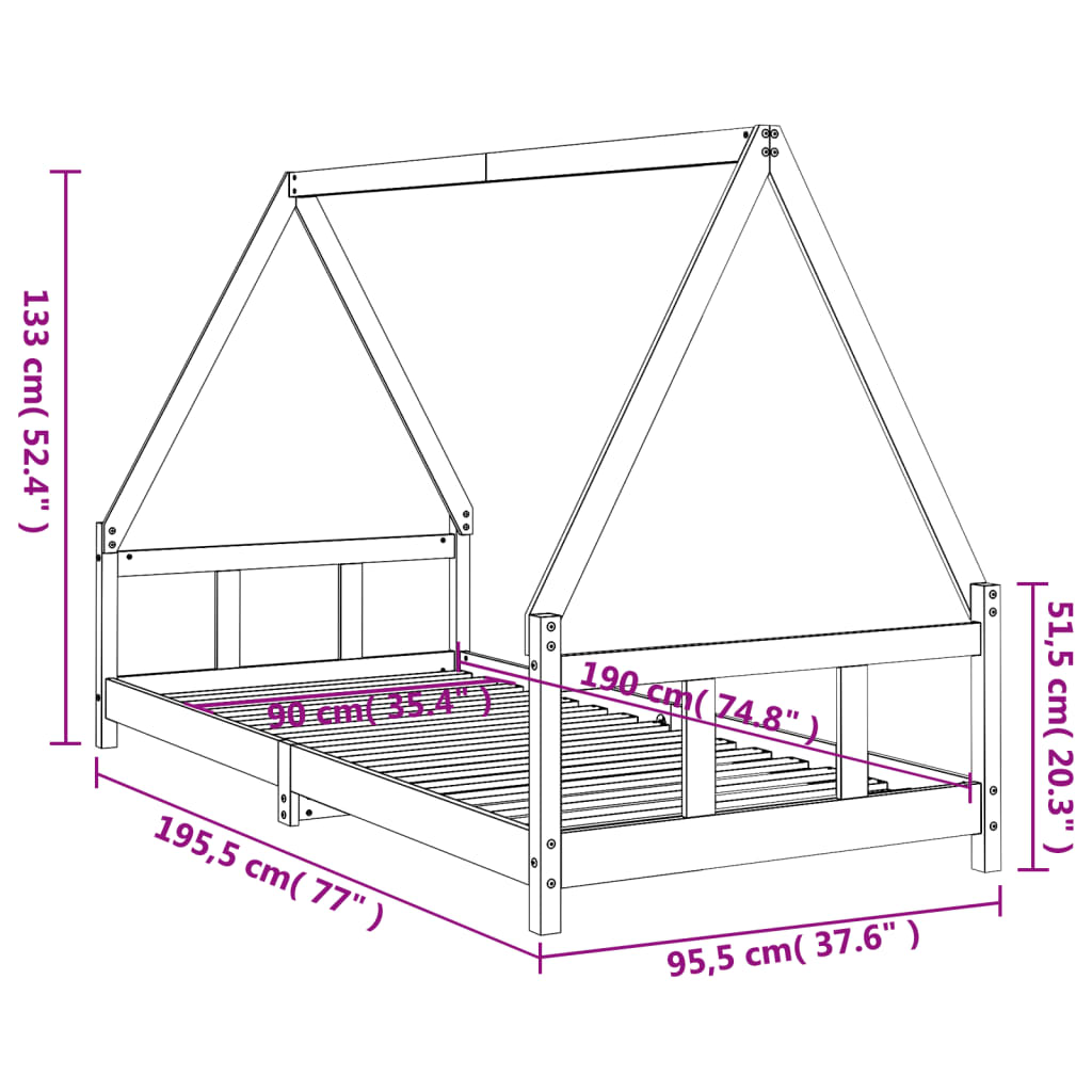 Cadre de lit enfant 90x200 cm en pin massif